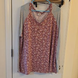 Sew In Love Boutique Pink Floral and Gray Striped Long Sleeve Top Plus 2x